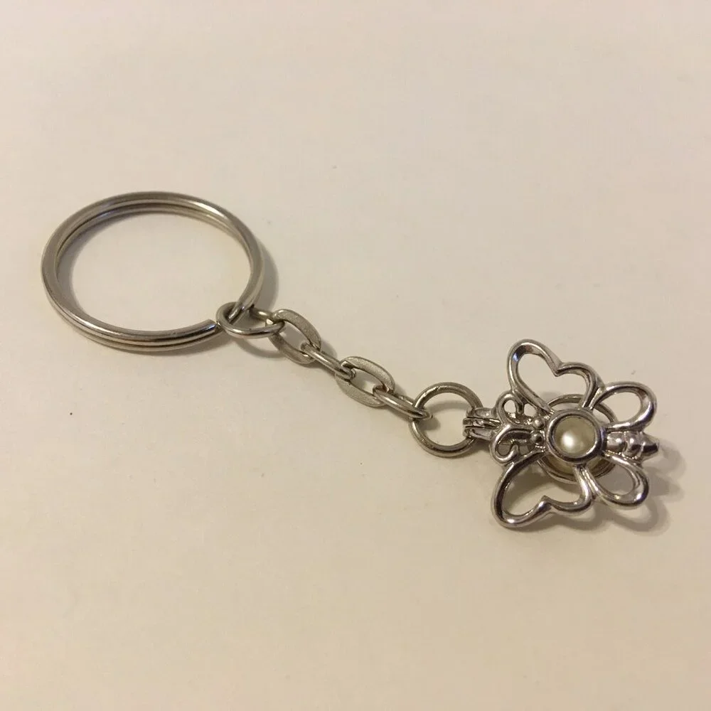 Butterfly Key Chain Silver Tone Metal Cage White Pearl Stone 3D Ring Charm Fob